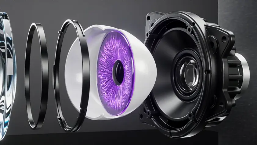 Exploded view of the devil-eye projector optics and housing